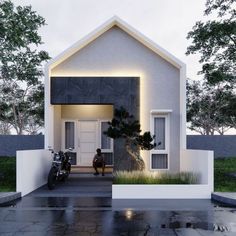 a person sitting on a bench in front of a house with a motorcycle parked outside