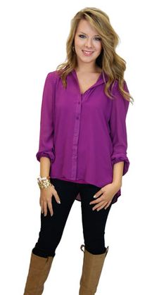 want it! Chic Purple Blouse With Button Closure, Chic Purple Buttoned Blouse, Chic Purple Tops With Buttons, Chic Purple Blouse With Buttons, Elegant Purple Chiffon Blouse, Chic Purple Button-up Blouse, Purple Shirt Outfits, Purple Pants Outfit, Color Uva