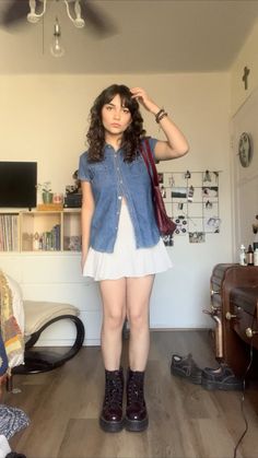 Tank And Sweater Outfit, Dress As A Shirt Outfit, Easy Outfit Inspo Summer, Mid Size Trendy Outfits, Medium Weather Outfits, Denim Shirt With Skirt Outfit, Layering Camisole Outfit, Granny Outfits Aesthetic, 90s Fashion British