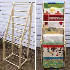 two pictures side by side, one has a quilt rack and the other has an ironing board