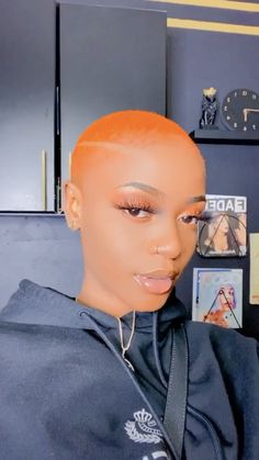 Bald Hair Color Black Women, Orange Bald Hair Black Women, Dyed Bald Hair, Low Cut Hair Black Women, Short Asymmetrical Haircut, Asymmetrical Haircuts, 360 Waves Hair, Low Cut Hairstyles