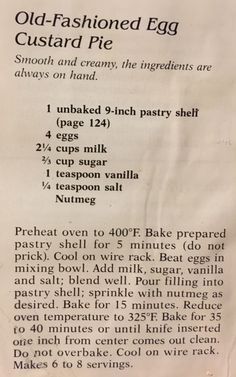 an old - fashioned egg custard pie recipe is shown in the kitchen paper