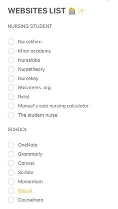 a list with the words and numbers for nursing students to use on their own website