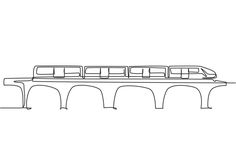 a black and white line drawing of a train on a bridge with benches below it