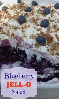 a blueberry jello - o salad in a white dish