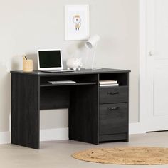 a computer desk with a laptop on top of it next to a rug and white door