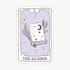 the reader tarot sticker on a purple background with stars and moon in it