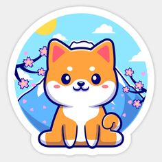 a sticker with an image of a cat sitting in front of the sky and flowers