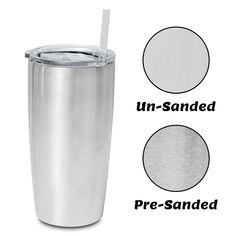 the stainless steel tumbler is shown with its lid and straw in front of it