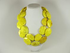 "Contains small parts! Not for children! Choking Hazard!Chunky yellow turquoise necklace,multi strand statement yellow  necklace, statement necklace, big yellow turquoise beads, yellow statement jewelry A bold and dramatic statement necklace featuring natural yellow turquoise beads. 2 strands, HEAVY weight. Gold plated lobster clasp Measurements: short strand 18\" (47 cm) plus 3\" extender. Please note, due to the natural nature of the stones, variations in color, size, and shape should be expec Yellow Multi-strand Necklace For Gift, Handmade Double Strand Yellow Necklace, Handmade Yellow Double Strand Necklace, Handmade Yellow Double Strand Jewelry, Cat Eye Jewelry, Chunky Turquoise Necklace, Dainty Gemstone Necklace, Unique Statement Necklace, Turquoise Statement Necklace