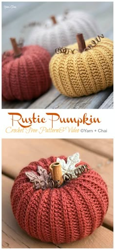 two knitted pumpkins sitting on top of each other