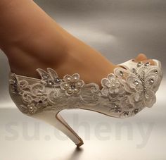 3" 4" heel white ivory silk lace open toe crystal Wedding shoes Bride size 5-11 | Clothing, Shoes & Accessories, Wedding & Formal Occasion, Bridal Shoes | eBay! Wedding Shoes Chunky Heel, Wedding Shoes For Bride, Wedding Shoes Pumps, Pearl Wedding Shoes, Shoes For Bride, Crystal Wedding Shoes, Hak Tinggi, Shoes Bride, Shoes Chunky