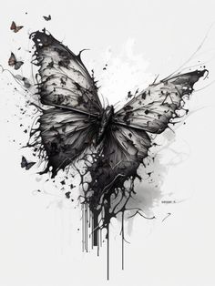 a black and white butterfly with lots of paint splatters on it's wings