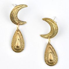 Adara Earrings - Goldmakers Fine Jewelry Handmade Celestial Drop Earrings, Artisan Teardrop Chandelier Earrings As Gift, Handmade Crescent Celestial Earrings, Handmade Symbolic Drop Earrings, Brass Dangle Clip-on Earrings For Jewelry Making, Teardrop Brass Plug Earrings, Symbolic Teardrop Earrings, Brass Teardrop Clip-on Earrings As Gift, Brass Long Drop Teardrop Earrings As Gift