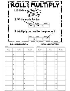 roll and multiply worksheet with two dices on each side, in black and white