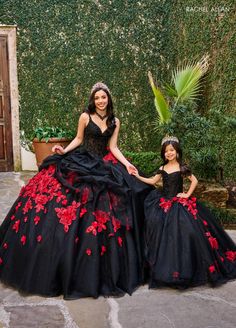 Your sweet girl be the center of attention in this 3D floral applique long cold shoulder corset dress with A-line skirt by Rachel Allan RQ4045. This flawless quinceañera gown combines the bold drama of black with vibrant red or sublte pink with gold floral appliqués, creating a stunning visual contrast. The gown features a detailed, bead-encrusted bodice and a full, luxurious skirt. Perfect for those looking to make a bold statement, this gown ensures all eyes are on her with its regal and capti Dama Dresses Quinceanera, White Rehearsal Dress, 1500 Dresses, Girls Communion Dresses, Military Ball Dresses, Off Shoulder Gown, Rehearsal Dinner Dresses, First Communion Dresses, Blush Gold