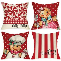 three pillows with different designs on them and the words holly jollyy, merry christmas