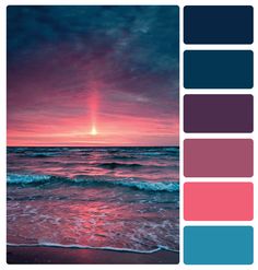 the sun is setting over the ocean with pink and blue hues