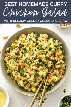 the best homemade curry chicken salad with creamy greek yogurt dressing in a bowl