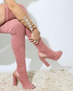 Thigh High Heel Boots, Heeled Lace Up Boots, Pink Suede Heels, Bota Over, Thigh High Heels, Girls High Heels, Peep Toe Boots, Boots Dress, Thigh High Boots Heels