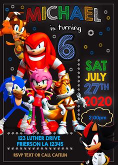 an image of a birthday party with sonic the hedgehogs and friends on it