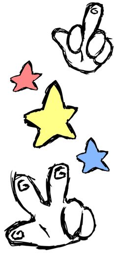 a drawing of three stars and one star in the sky with two hands reaching up