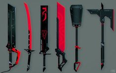 an assortment of different types of knifes with red lights on them and black handles