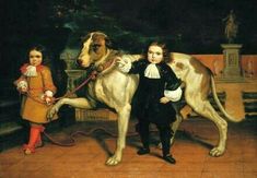 a painting of two children standing next to a dog