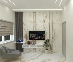 a living room with white walls and marble flooring in the center, along with a large tv mounted on the wall