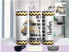 two personalized tumblers with the words bus driver and school bus driver on them