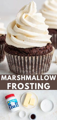 chocolate cupcakes with marshmallow frosting on top and the words marshmallow frosting above them