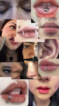 various images of different types of piercings on women's lips and nose rings