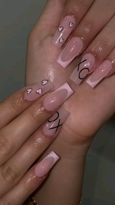 Xo Valentine Nails, Valentines Nails Xo, Xo Nails, Pink Frenchies, Nails Valentines Day, Vday Nails, Nails Valentines, Medium Nails, Pink Acrylic