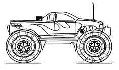 a drawing of a monster truck with four wheels and two large tires on the front