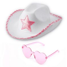 PACKAGE INCLUDES - One set includes 1 pcs felt white princess cowboy hat with pink sequin star on it, 1 pcs light pink heart shaped transparent sunglasses. Those accessories are a must- have for every cow girl who dreams of becoming a rodeo princess and the heart shaped glasses are a great addition to make it even more fun! Cowgirl Dress Up, Cowgirl Halloween Costumes, Preppy Hat, Cowgirl Halloween Costume, Pink Cowgirl Hat, Halloween Cow, White Cowboy Hat, Cowgirl Halloween, Rodeo Party