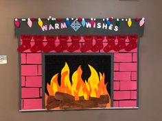 a fireplace decorated with christmas stockings and fire