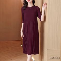 Lasaky - Chiffon Pleated Dress with Solid Color and Round Neckline Chiffon Pleated Midi Dress, Casual Pleated Chiffon Maxi Dress, Elegant Pleated Midi-length Chiffon Dress, Elegant Pleated Chiffon Midi Dress, Pleated Midi Length Chiffon Dress, Midi-length Chiffon Dress For Work, Pleated Knee-length Chiffon Dress, Knee-length Pleated Chiffon Dress, Chiffon Short Sleeve Dresses For Work