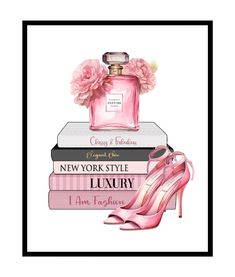 a pink shoe sitting on top of three books with a bottle of perfume in the middle