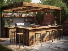 an outdoor bar area with stools and barstools