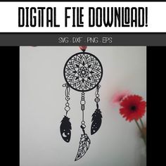 a black and white photo with the words digital file download on it, next to a red flower