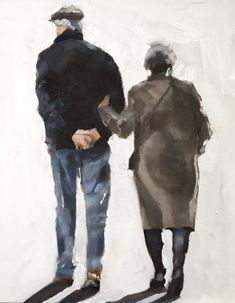 a painting of two people holding hands and looking at each other while standing in front of a white wall