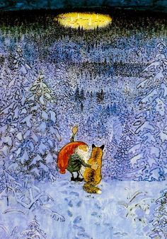 a painting of two foxes in the snow, one is looking up at the sky