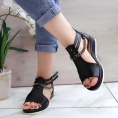 Style: Daily.Casual Item: Sandals Upper Material: Faux leather Toe: Open Toe Closure Type: Adjustable Buckle Heels: Wedge Heel Heels Wedge, Buckle Heels, Mini Skater Dress, Buckled Heels, Wedge Heel Sandals, Black Sandals Heels, Casual Sandals, Skirts With Pockets, Heel Sandals