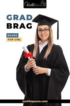 a girl in graduation cap and gown holding a red ribbon with the words grad brag on it