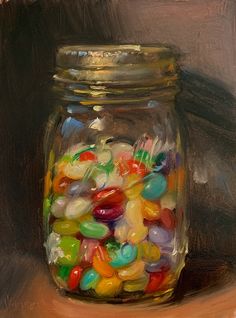 a painting of a jar filled with jelly beans