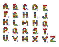 the letters made out of legos are shown in different colors and shapes, including one letter