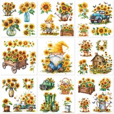 sunflowers and gnomes are painted on white paper with blue truck, watering can, farm house, wagon