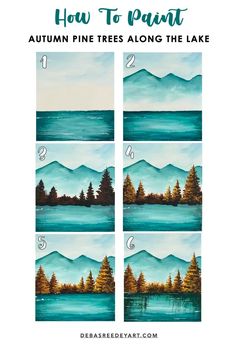 how to paint autumn pine trees along the lake with step by step instructions for beginners