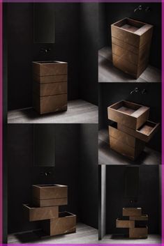 four different views of a bathroom vanity made out of cardboard boxes and plywood wood