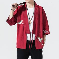 Color: Red, Size: L (US) / 2XL (Japan) Cardigan Plus Size, Red Kimono, Kimono Shirt, Male Kimono, Cardigan Kimono, Beach Kimono, Loose Cardigan, Style Japonais, Urban Street Style